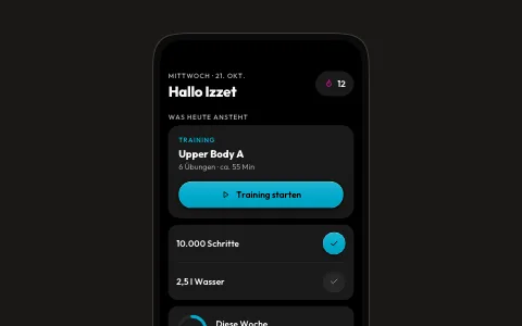 Startbildschirm der Coaching-App im dunklen Design: Training des Tages, Ziele und Wochenübersicht