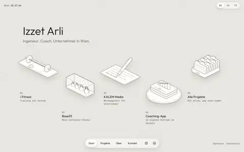 Die Startseite von izzetarli.com: Izzet Arli, darunter fünf gezeichnete Projekte auf Punktpapier, von i.Fitnezz bis zur Coaching-App